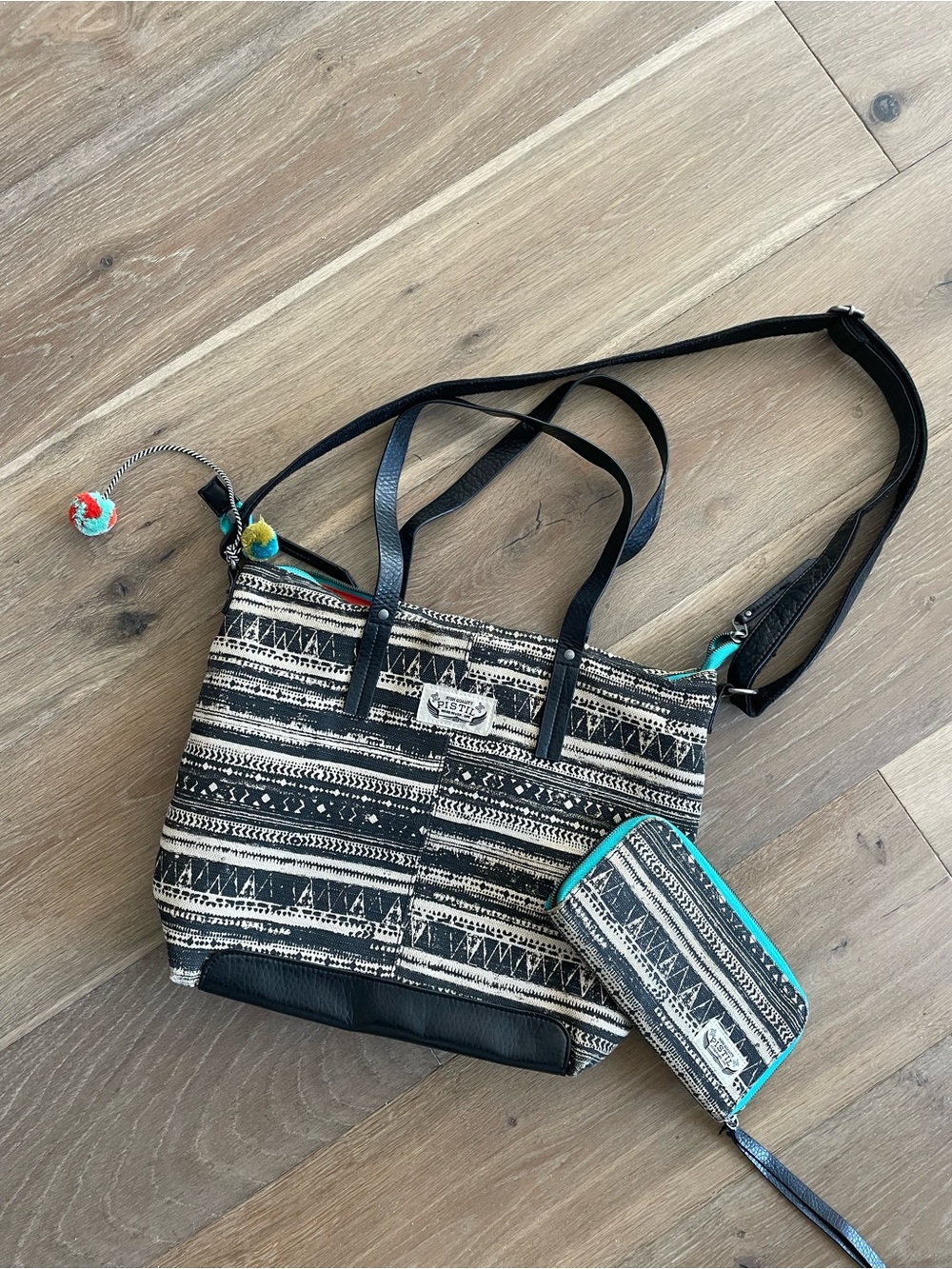 pistil Black & Cream Boho Aztec Shoulder Tote with Teal Accent and Wallet